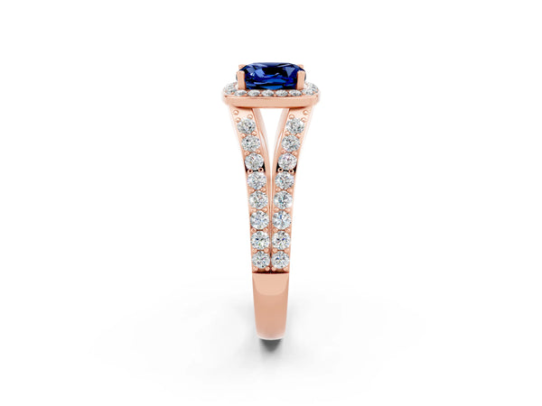 Rose gold Cushion Cut Blue Sapphire Split Shank Halo Ring with Four-Prong Setting