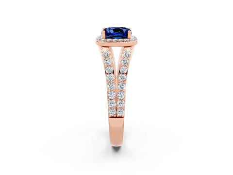 Rose gold Cushion Cut Blue Sapphire Split Shank Halo Ring with Four-Prong Setting_14
