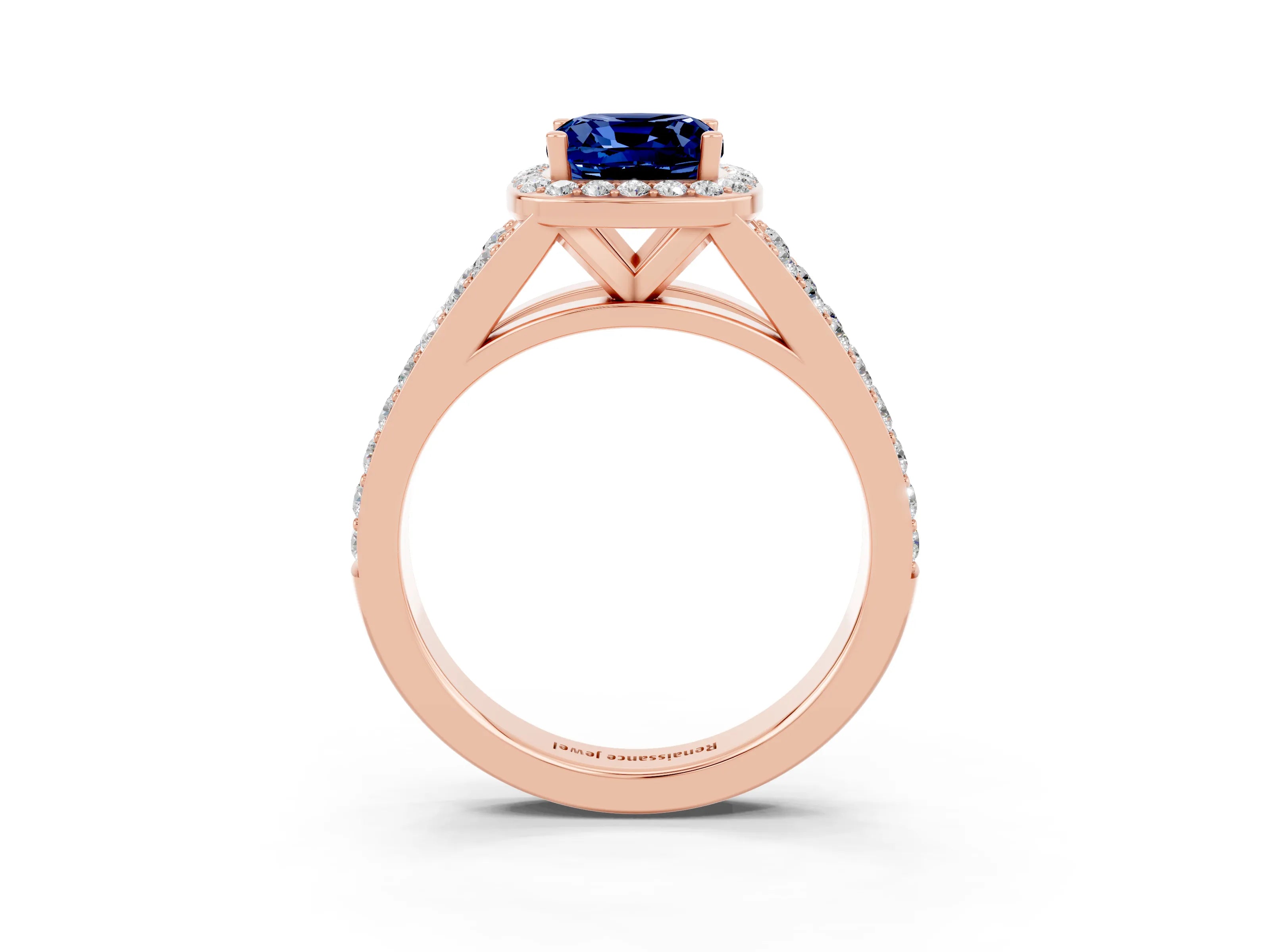 Rose gold Cushion Cut Blue Sapphire Split Shank Halo Ring with Four-Prong Setting_15