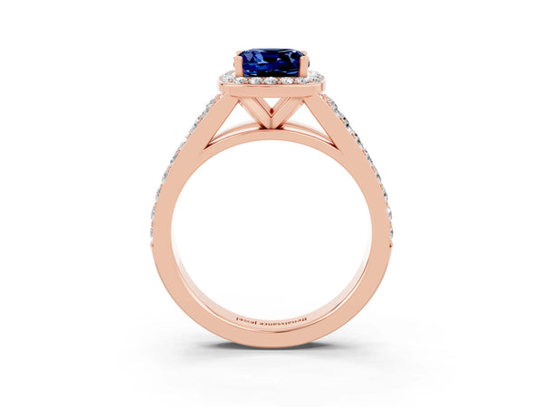 Rose gold Cushion Cut Blue Sapphire Split Shank Halo Ring with Four-Prong Setting