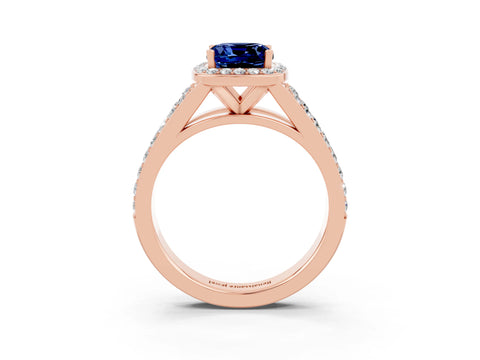 Rose gold Cushion Cut Blue Sapphire Split Shank Halo Ring with Four-Prong Setting_15