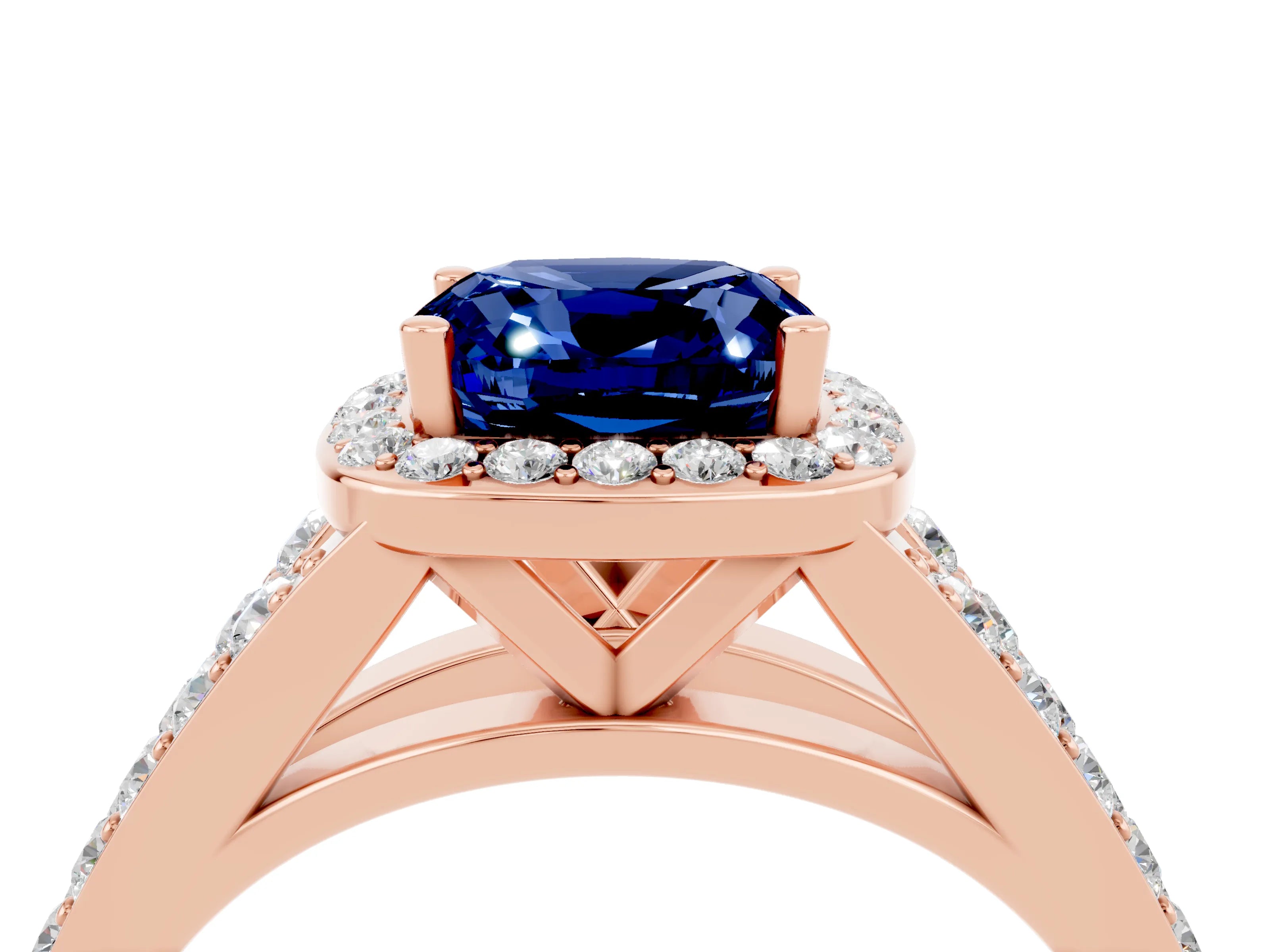 Rose gold Cushion Cut Blue Sapphire Split Shank Halo Ring with Four-Prong Setting_16