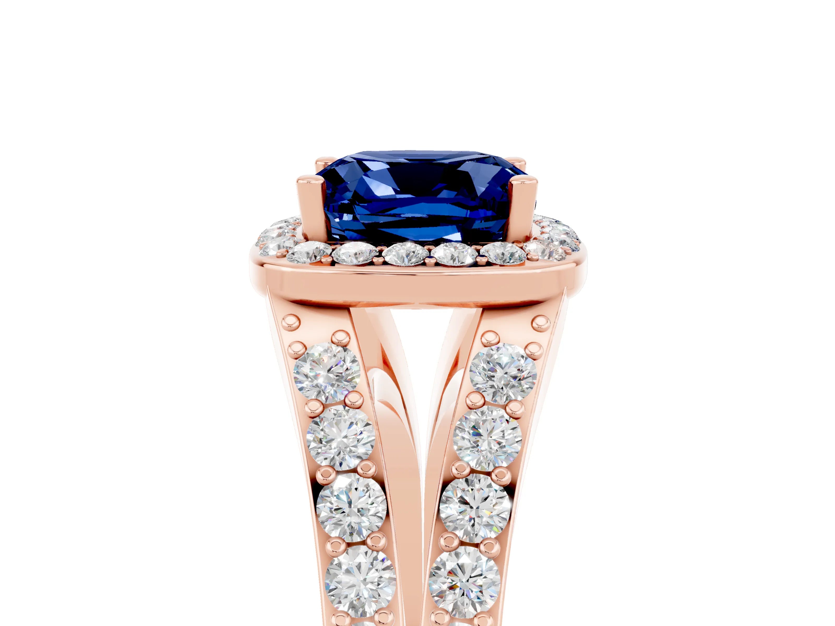 Rose gold Cushion Cut Blue Sapphire Split Shank Halo Ring with Four-Prong Setting_17