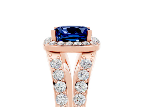 Rose gold Cushion Cut Blue Sapphire Split Shank Halo Ring with Four-Prong Setting_17