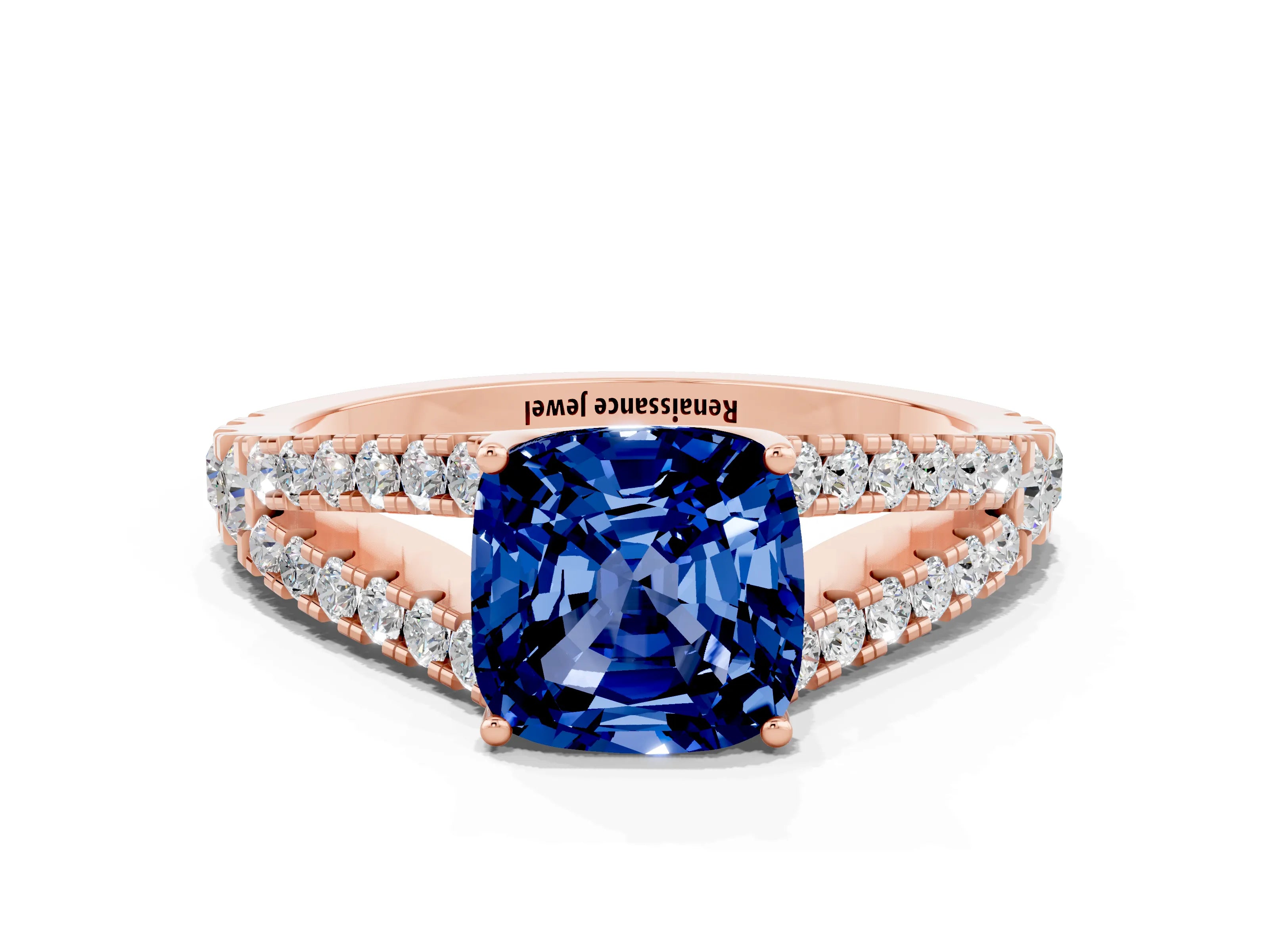 Rose gold Cushion Cut Blue Sapphire Split Shank Pavé Engagement Ring with Four-Prong Setting_12