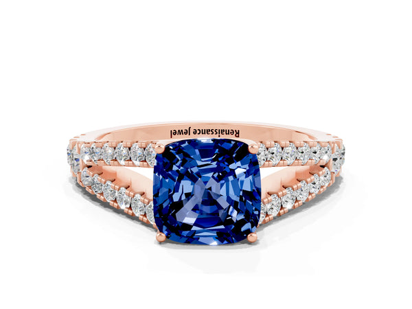 Rose gold Cushion Cut Blue Sapphire Split Shank Pavé Engagement Ring with Four-Prong Setting