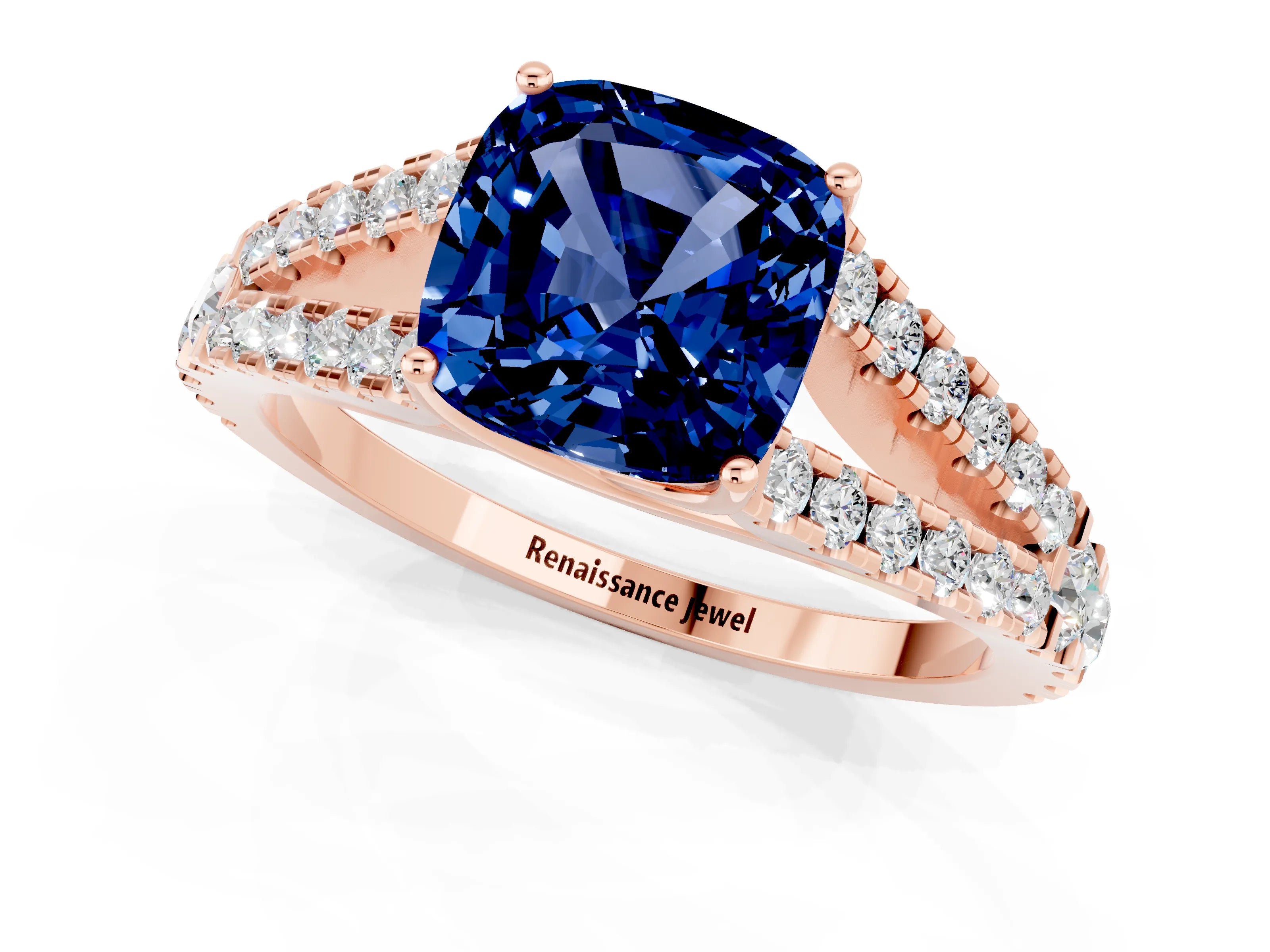 Rose gold Cushion Cut Blue Sapphire Split Shank Pavé Engagement Ring with Four-Prong Setting_13