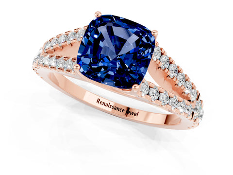 Rose gold Cushion Cut Blue Sapphire Split Shank Pavé Engagement Ring with Four-Prong Setting_13