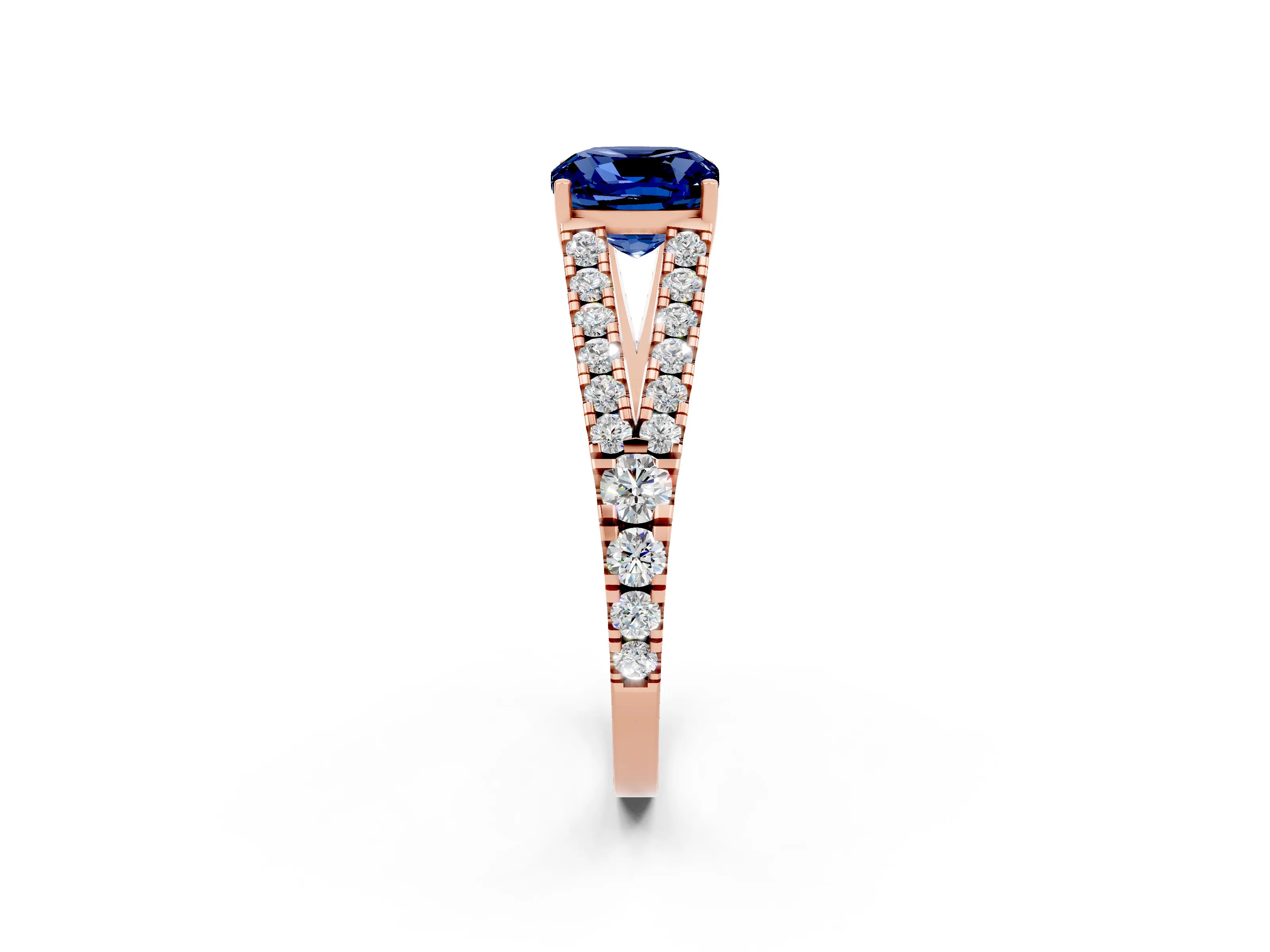Rose gold Cushion Cut Blue Sapphire Split Shank Pavé Engagement Ring with Four-Prong Setting_14