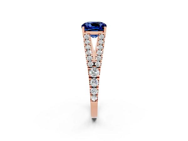 Rose gold Cushion Cut Blue Sapphire Split Shank Pavé Engagement Ring with Four-Prong Setting