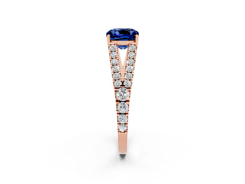 Rose gold Cushion Cut Blue Sapphire Split Shank Pavé Engagement Ring with Four-Prong Setting_14