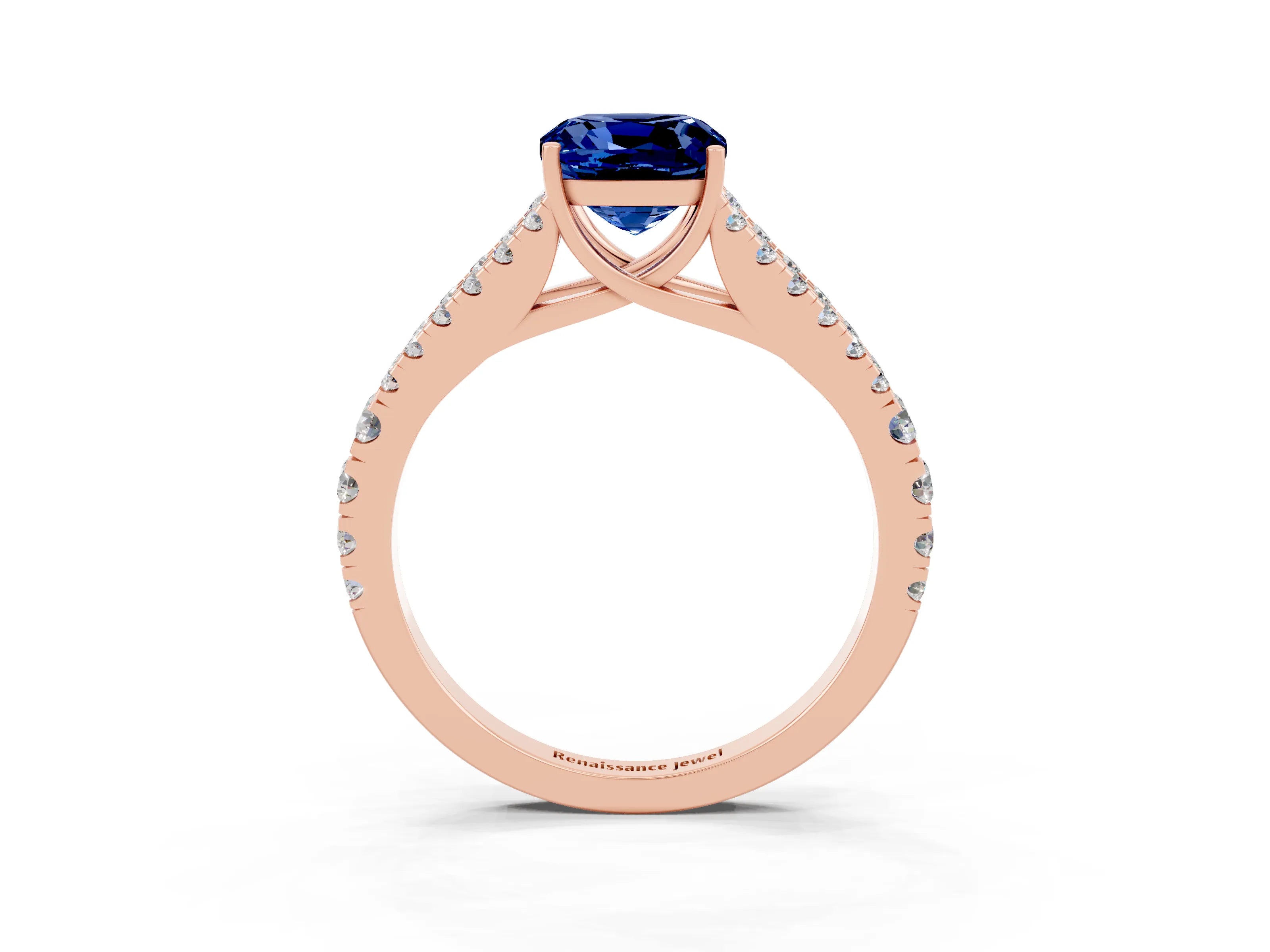 Rose gold Cushion Cut Blue Sapphire Split Shank Pavé Engagement Ring with Four-Prong Setting_15
