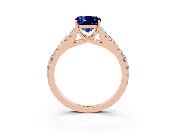 Rose gold Cushion Cut Blue Sapphire Split Shank Pavé Engagement Ring with Four-Prong Setting