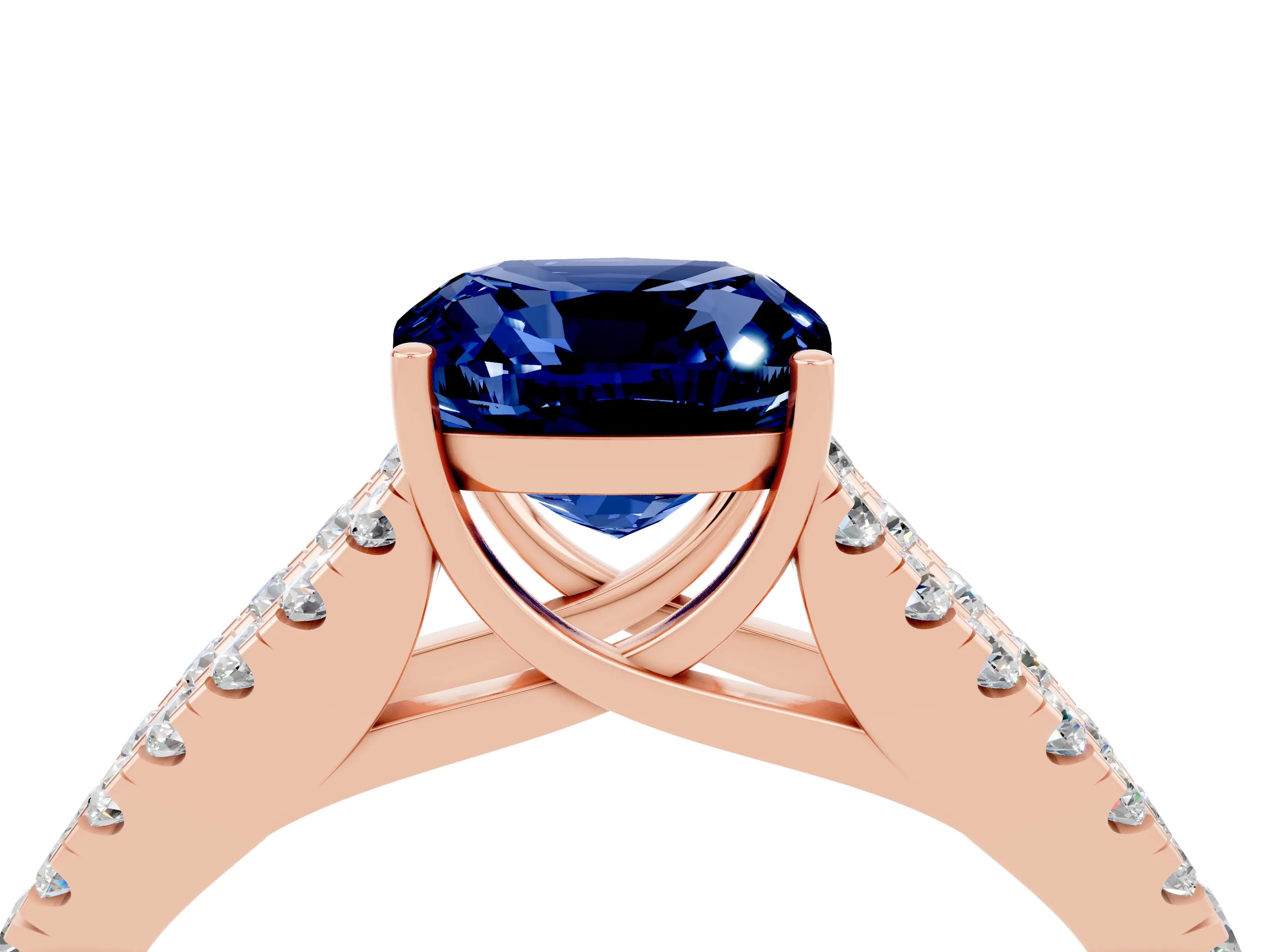 Rose gold Cushion Cut Blue Sapphire Split Shank Pavé Engagement Ring with Four-Prong Setting_16