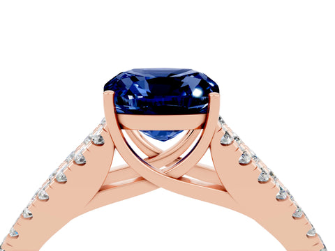 Rose gold Cushion Cut Blue Sapphire Split Shank Pavé Engagement Ring with Four-Prong Setting_16