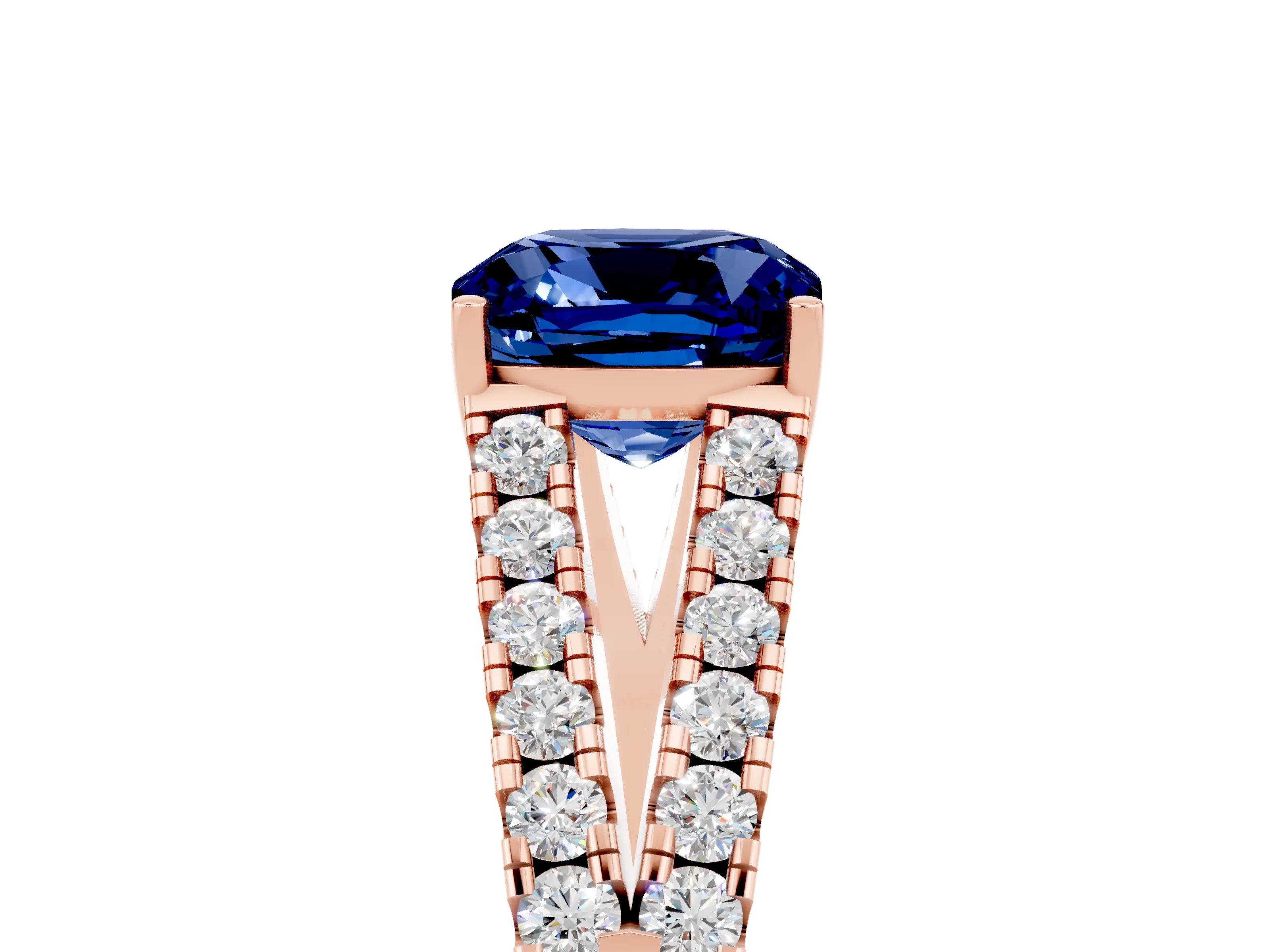 Rose gold Cushion Cut Blue Sapphire Split Shank Pavé Engagement Ring with Four-Prong Setting_17
