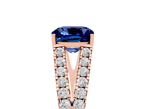 Rose gold Cushion Cut Blue Sapphire Split Shank Pavé Engagement Ring with Four-Prong Setting_17