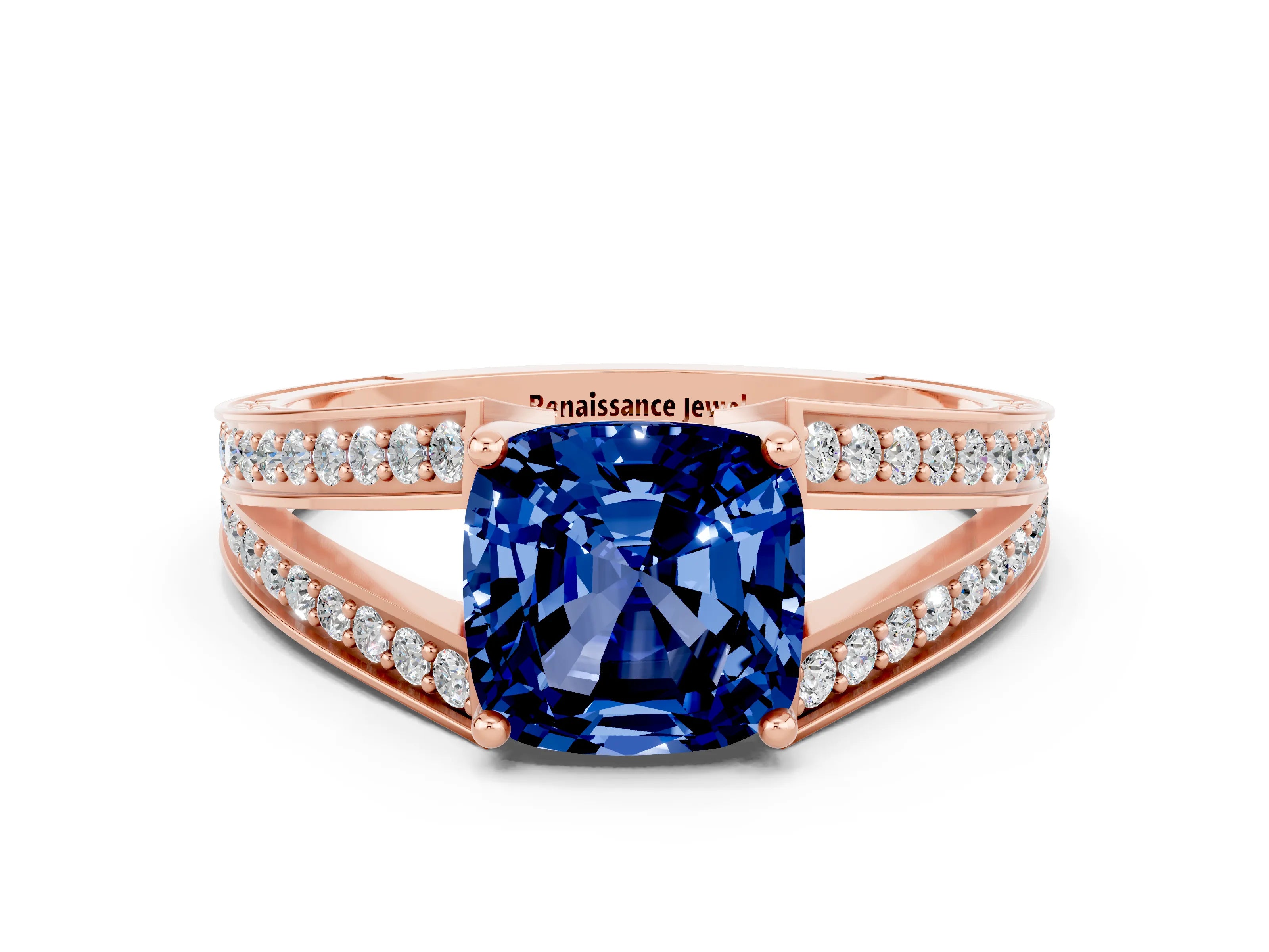 Rose gold Cushion Cut Blue Sapphire Split Shank Ring with Pavé Band and Four-Prong Setting