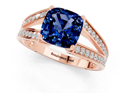 Rose gold Cushion Cut Blue Sapphire Split Shank Ring with Pavé Band and Four-Prong Setting_1