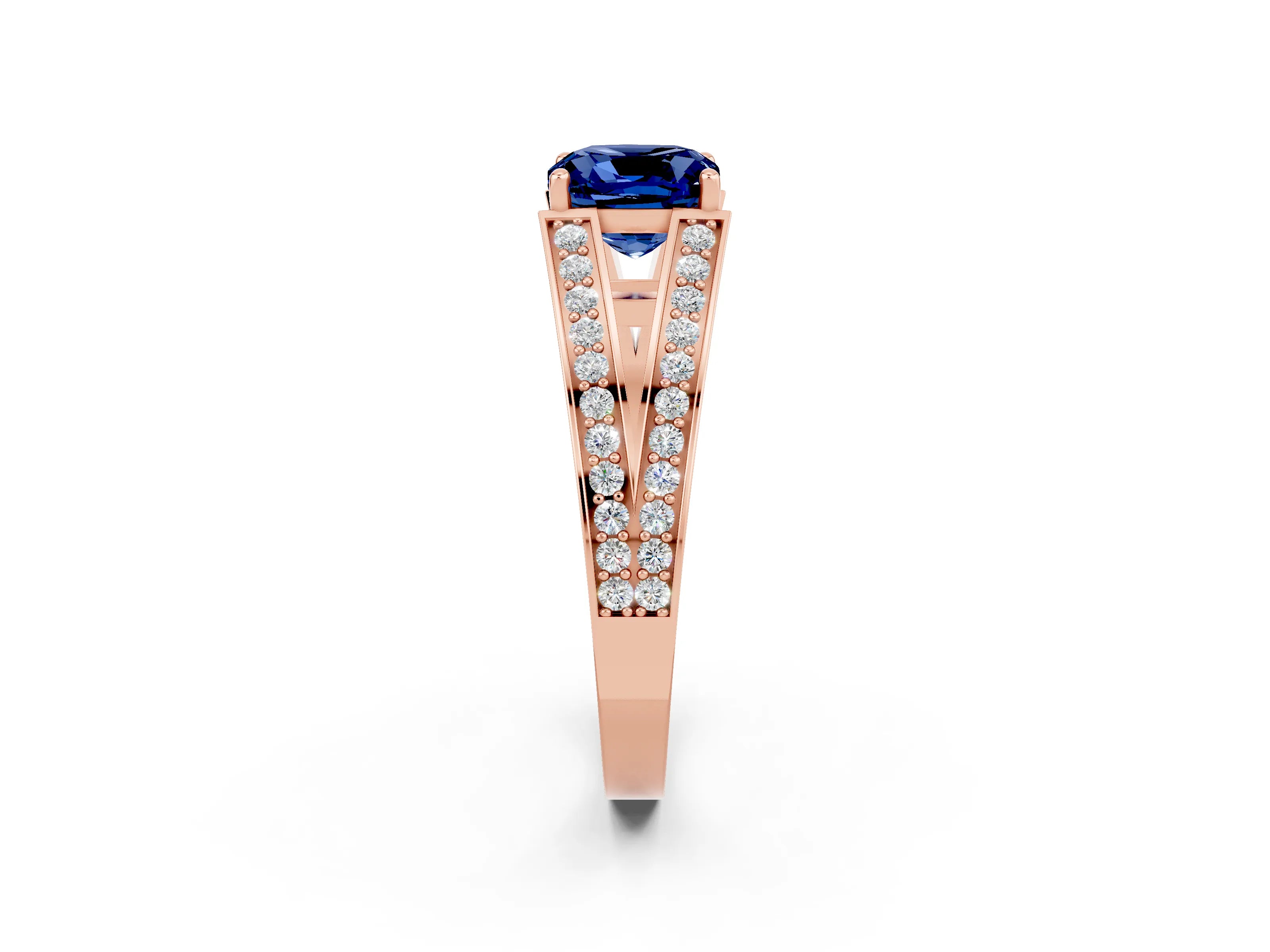 Rose gold Cushion Cut Blue Sapphire Split Shank Ring with Pavé Band and Four-Prong Setting_2