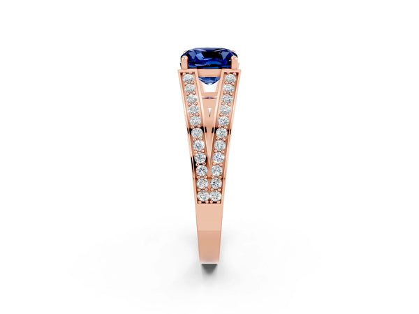 Rose gold Cushion Cut Blue Sapphire Split Shank Ring with Pavé Band and Four-Prong Setting