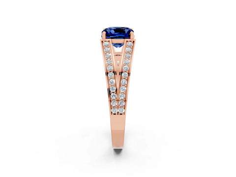 Rose gold Cushion Cut Blue Sapphire Split Shank Ring with Pavé Band and Four-Prong Setting_2