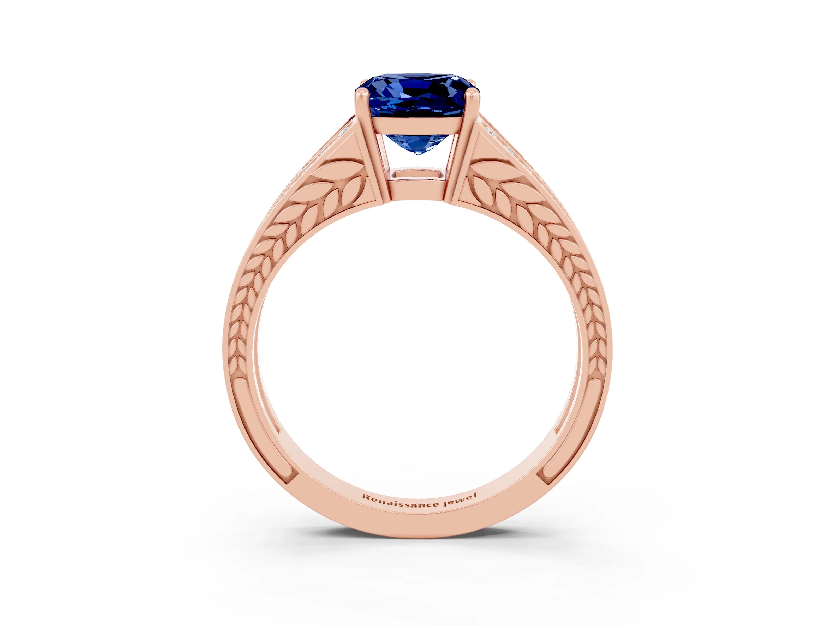 Rose gold Cushion Cut Blue Sapphire Split Shank Ring with Pavé Band and Four-Prong Setting_3