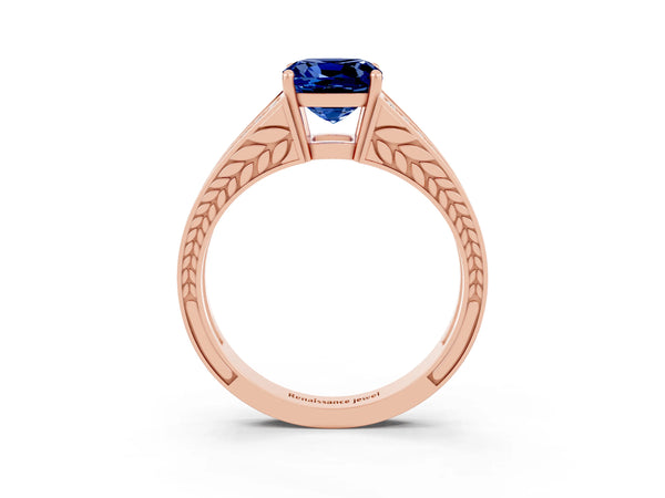 Rose gold Cushion Cut Blue Sapphire Split Shank Ring with Pavé Band and Four-Prong Setting