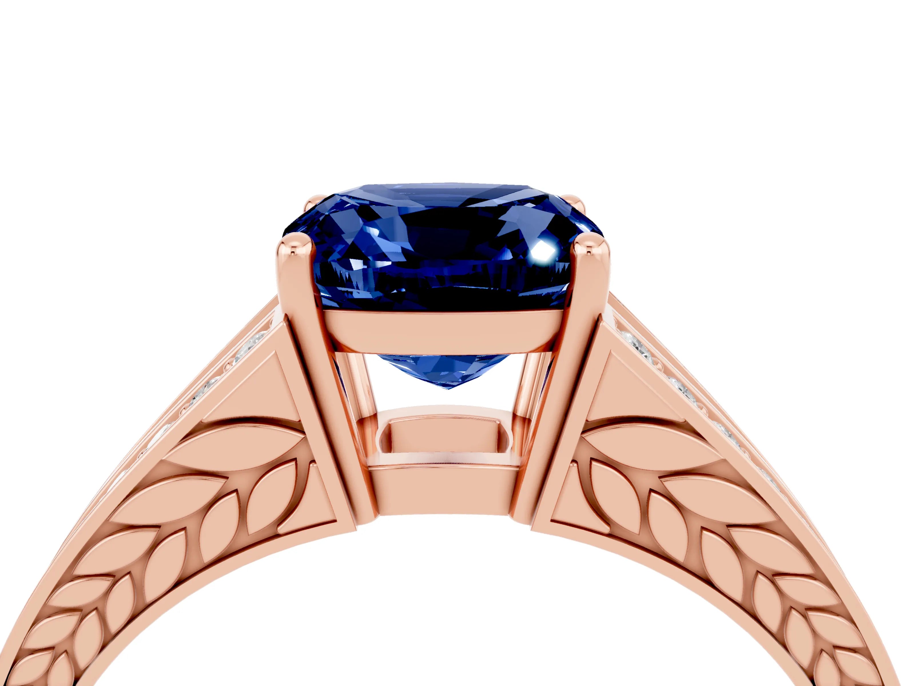 Rose gold Cushion Cut Blue Sapphire Split Shank Ring with Pavé Band and Four-Prong Setting_4
