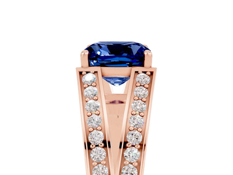 Rose gold Cushion Cut Blue Sapphire Split Shank Ring with Pavé Band and Four-Prong Setting_5
