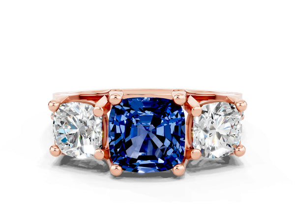 Rose gold Cushion Cut Blue Sapphire Three-Stone Ring with Channel Set Band and Four-Prong Setting