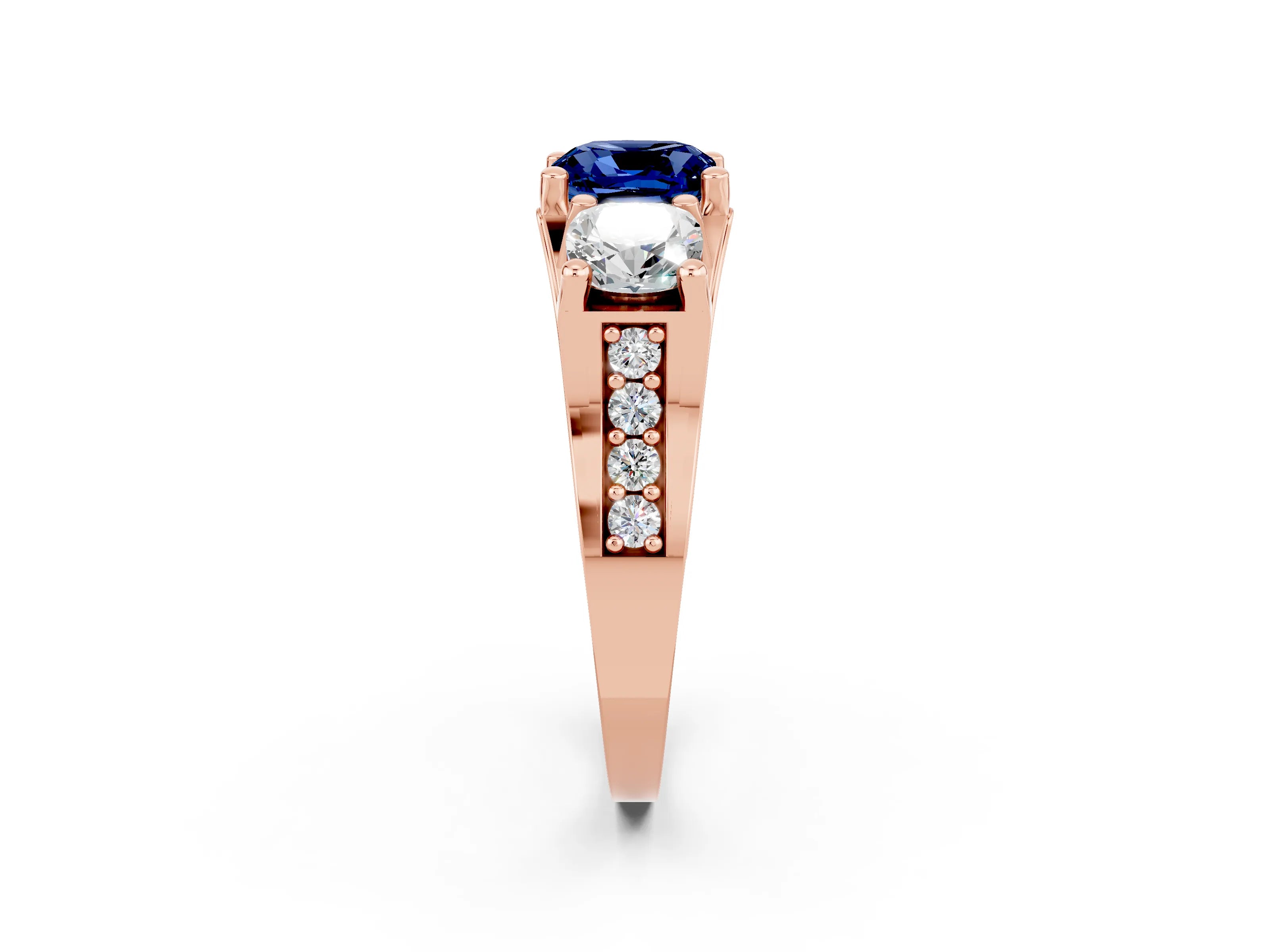 Rose gold Cushion Cut Blue Sapphire Three-Stone Ring with Channel Set Band and Four-Prong Setting_2