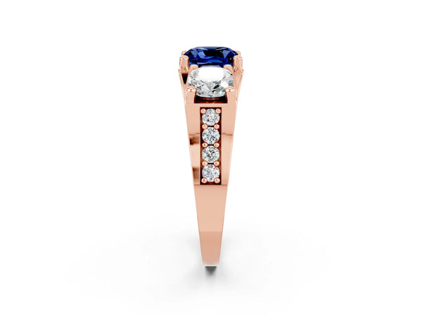 Rose gold Cushion Cut Blue Sapphire Three-Stone Ring with Channel Set Band and Four-Prong Setting