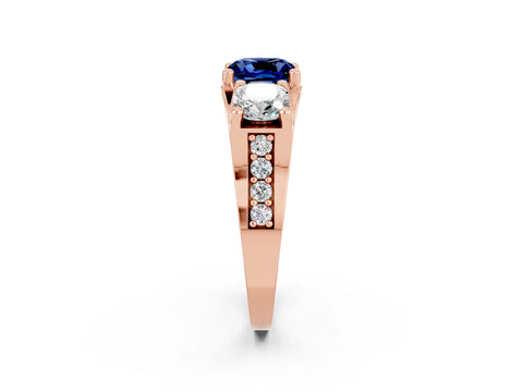 Rose gold Cushion Cut Blue Sapphire Three-Stone Ring with Channel Set Band and Four-Prong Setting_2