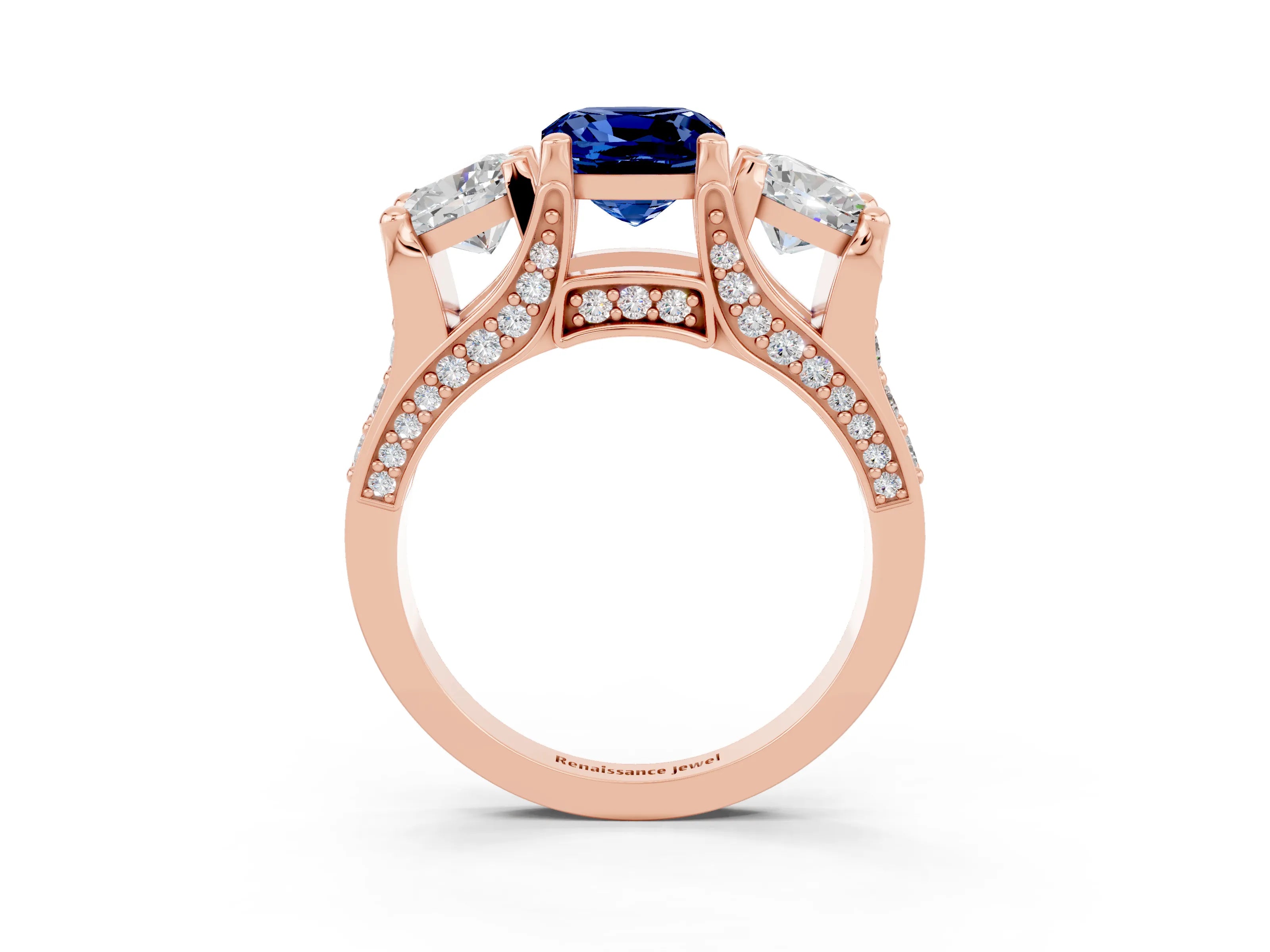 Rose gold Cushion Cut Blue Sapphire Three-Stone Ring with Channel Set Band and Four-Prong Setting_3