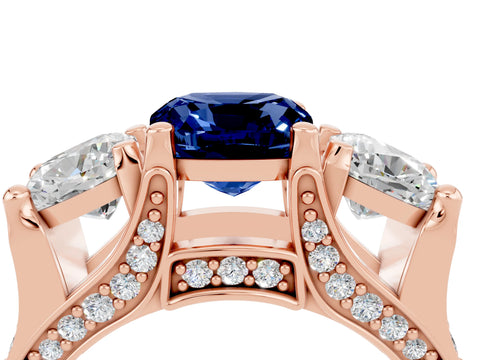 Rose gold Cushion Cut Blue Sapphire Three-Stone Ring with Channel Set Band and Four-Prong Setting_4