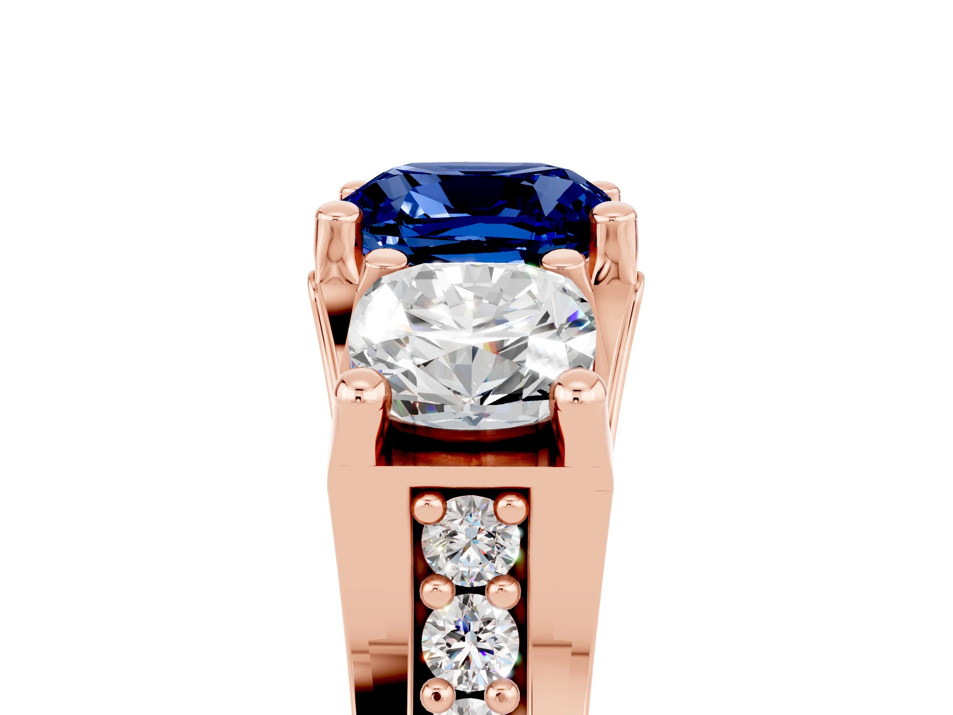 Rose gold Cushion Cut Blue Sapphire Three-Stone Ring with Channel Set Band and Four-Prong Setting_5