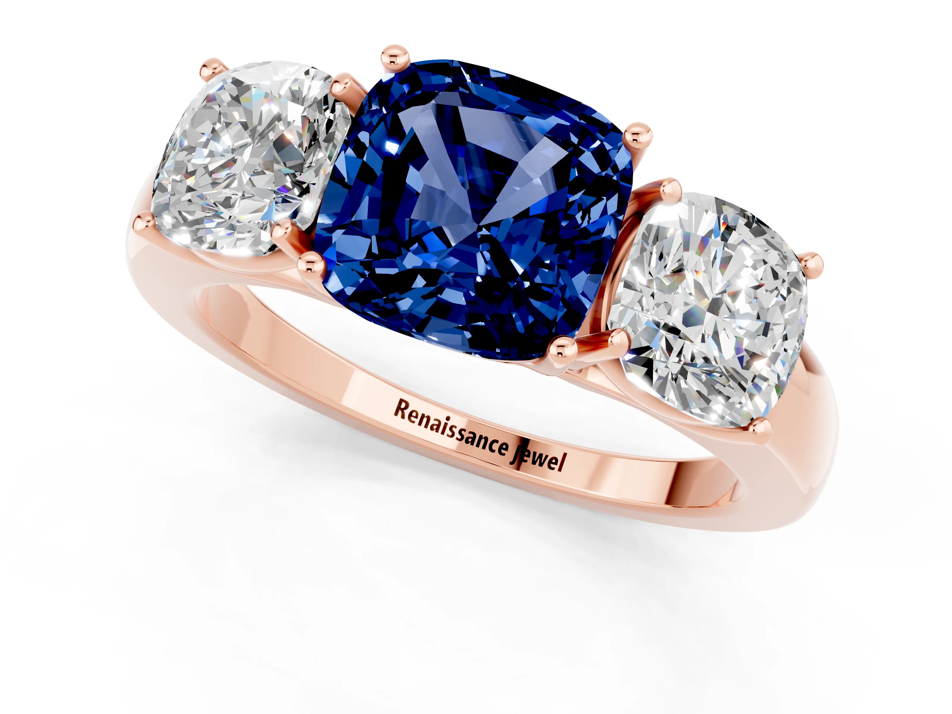 Rose gold Cushion Cut Blue Sapphire Three-Stone Ring with Four-Prong Setting and Classic Band_1