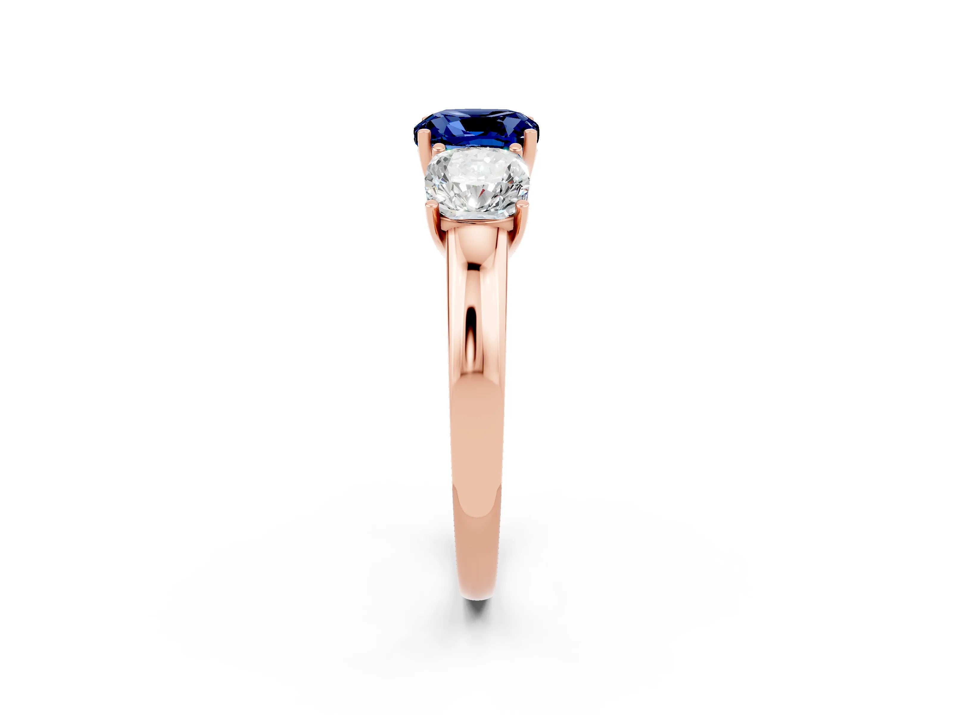 Rose gold Cushion Cut Blue Sapphire Three-Stone Ring with Four-Prong Setting and Classic Band_2