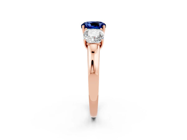 Rose gold Cushion Cut Blue Sapphire Three-Stone Ring with Four-Prong Setting and Classic Band