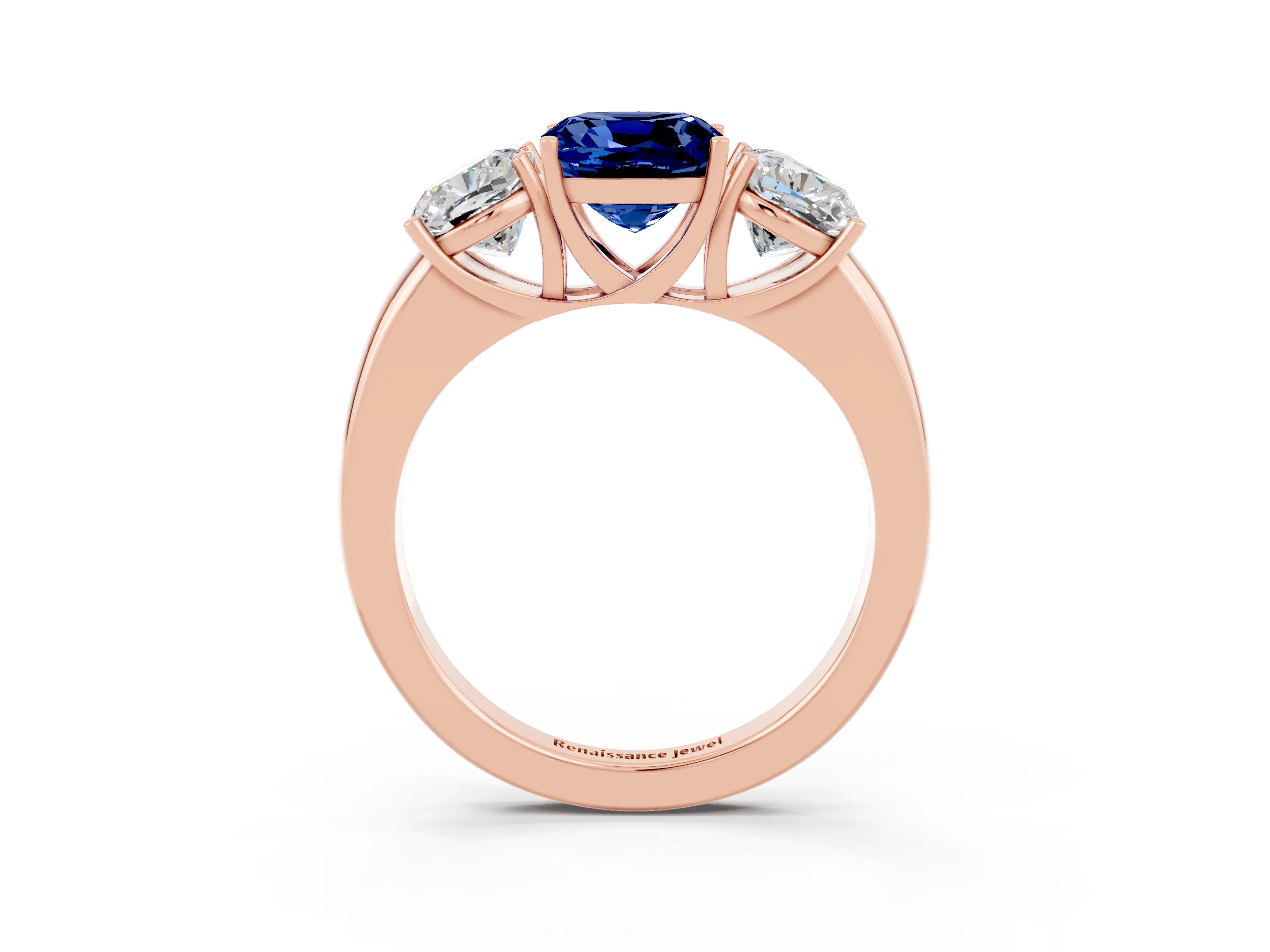 Rose gold Cushion Cut Blue Sapphire Three-Stone Ring with Four-Prong Setting and Classic Band_3