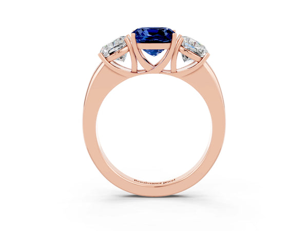 Rose gold Cushion Cut Blue Sapphire Three-Stone Ring with Four-Prong Setting and Classic Band