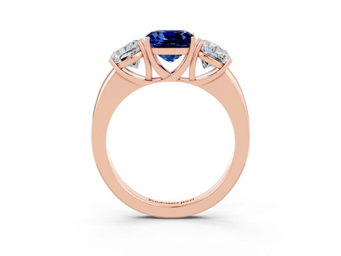 Rose gold Cushion Cut Blue Sapphire Three-Stone Ring with Four-Prong Setting and Classic Band_3