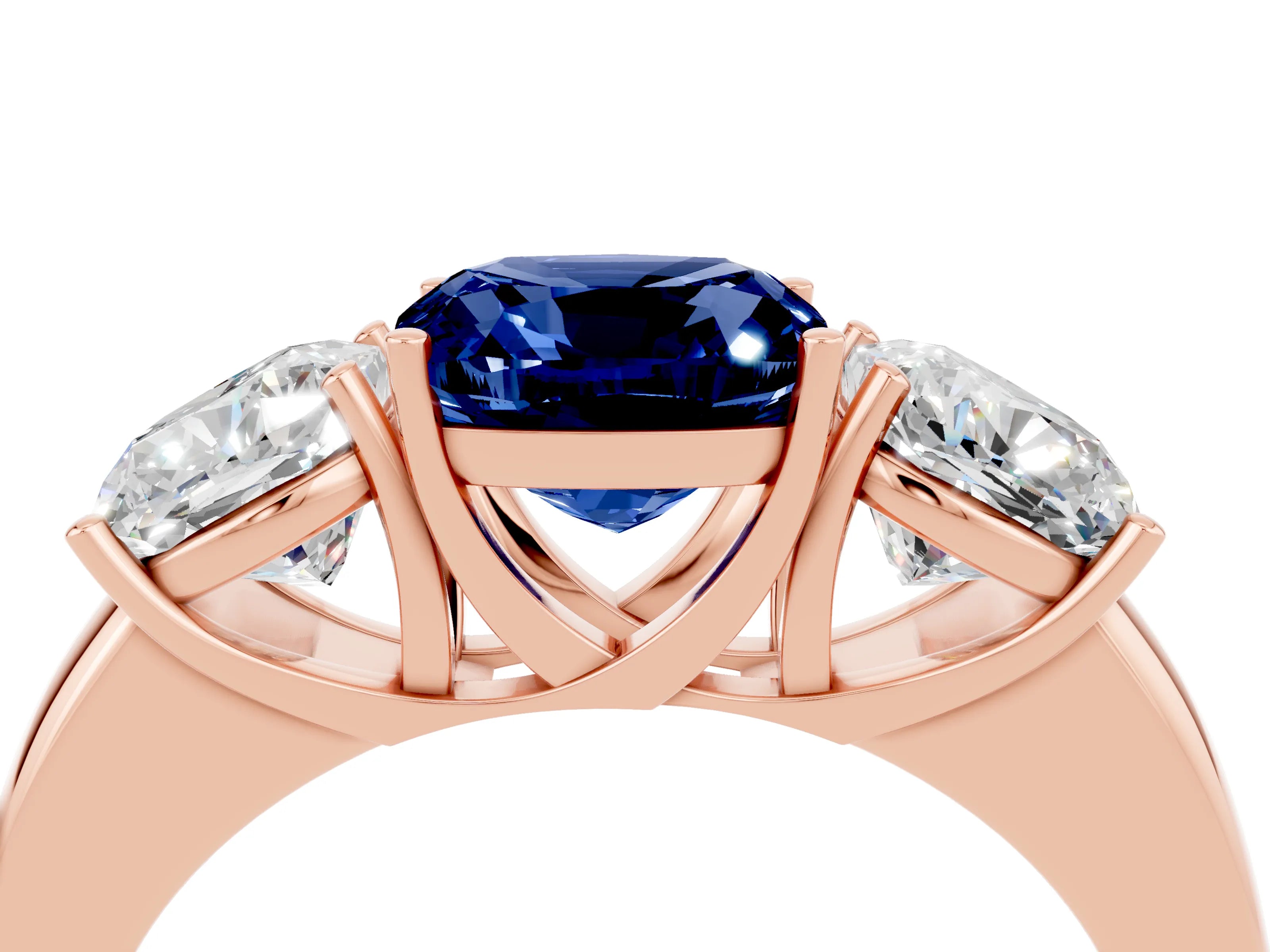 Rose gold Cushion Cut Blue Sapphire Three-Stone Ring with Four-Prong Setting and Classic Band_4