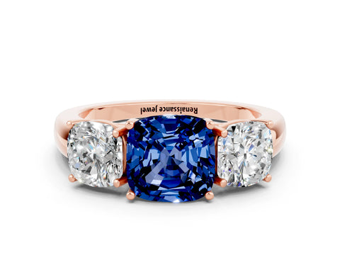 Rose gold Cushion Cut Blue Sapphire Three-Stone Ring with Four-Prong Setting and Classic Band