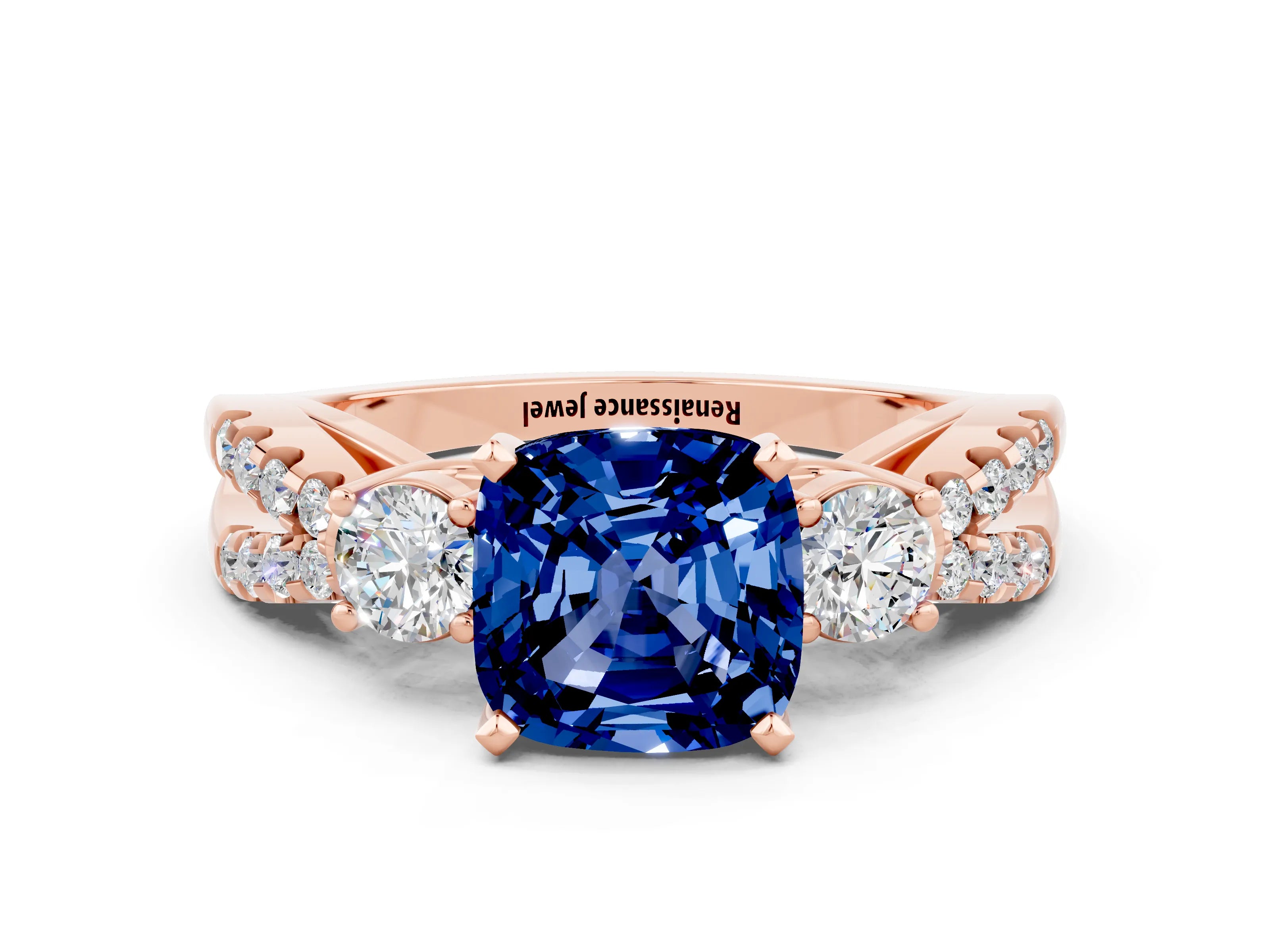 Rose gold Cushion Cut Blue Sapphire Three-Stone Ring with Pavé Split Shank and Four-Prong Setting_12