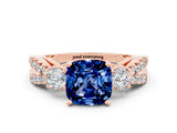 Rose gold Cushion Cut Blue Sapphire Three-Stone Ring with Pavé Split Shank and Four-Prong Setting_12