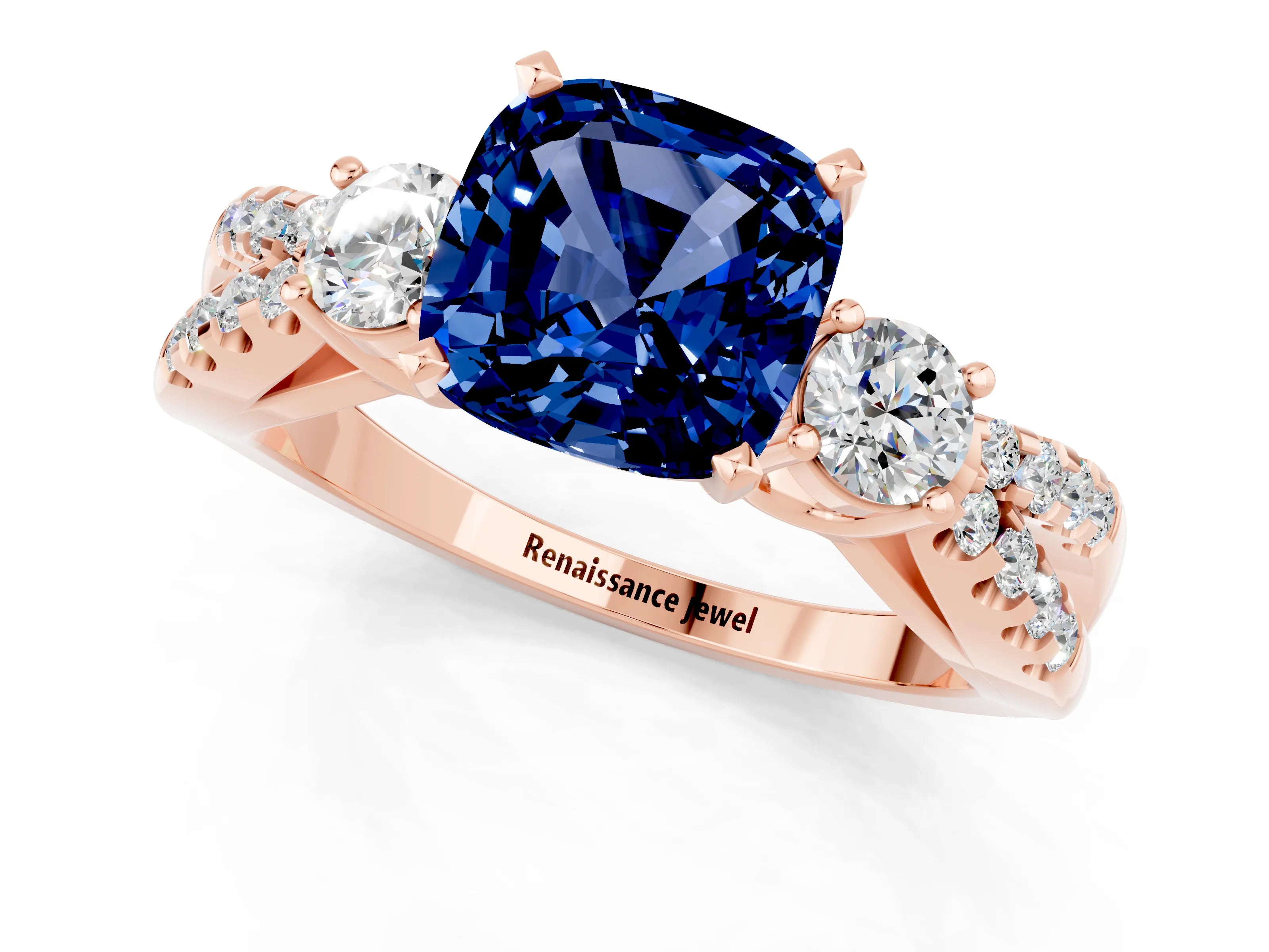 Rose gold Cushion Cut Blue Sapphire Three-Stone Ring with Pavé Split Shank and Four-Prong Setting_13