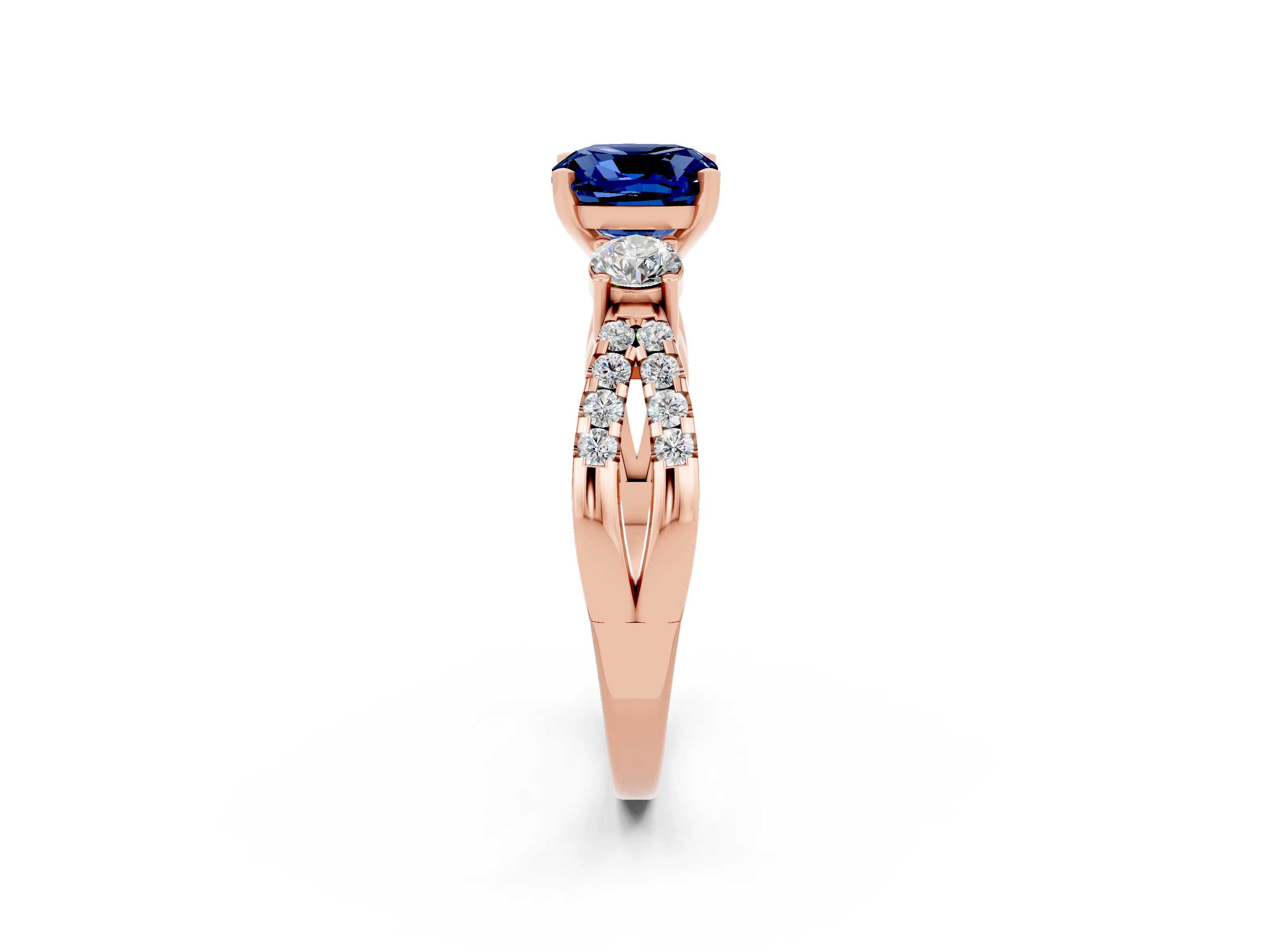 Rose gold Cushion Cut Blue Sapphire Three-Stone Ring with Pavé Split Shank and Four-Prong Setting_14