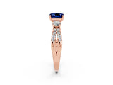 Rose gold Cushion Cut Blue Sapphire Three-Stone Ring with Pavé Split Shank and Four-Prong Setting_14